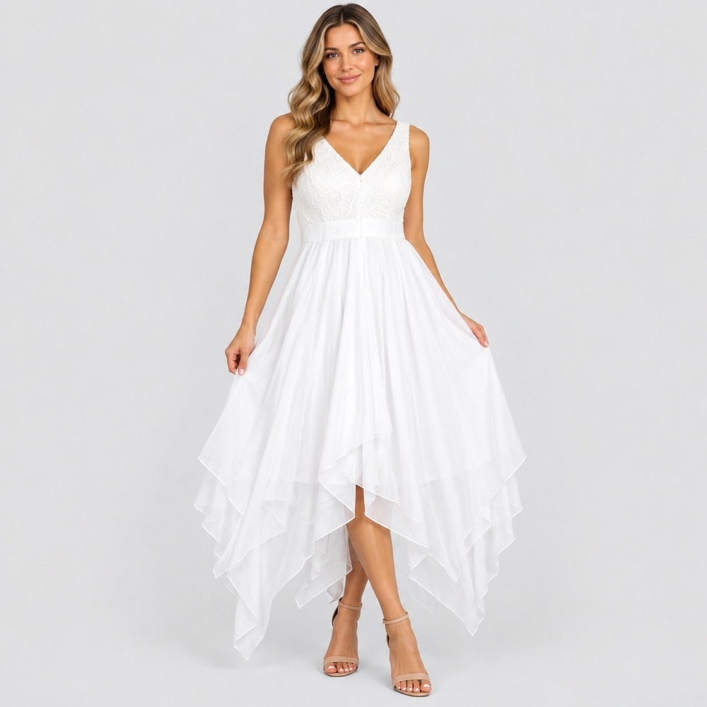 Ever Pretty Womens White Lace V-Neck Handkerchief Hem Dress EP00207CR06 NWT